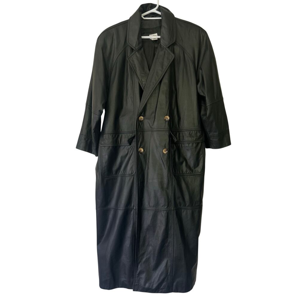 Vintage Together Black Leather Maxi Trench Coat Double Breasted 18 W